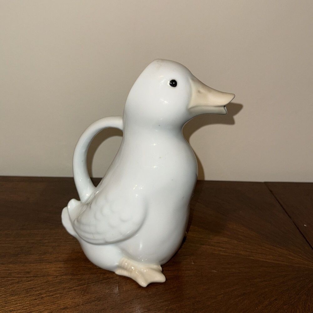 Vintage MCM Henriksen Imports White Ceramic Duck Pitcher 8.5" Made in Japan